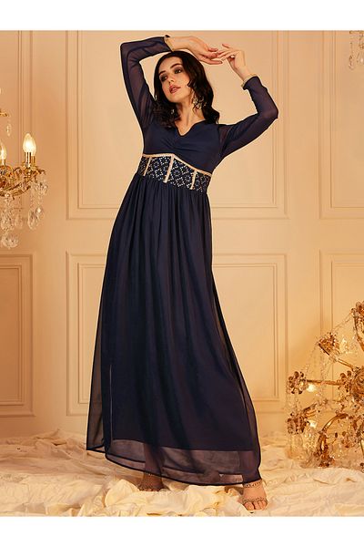 INDO STREET By Styli Navy Blue Embellished Flared Ethnic Maxi Dress