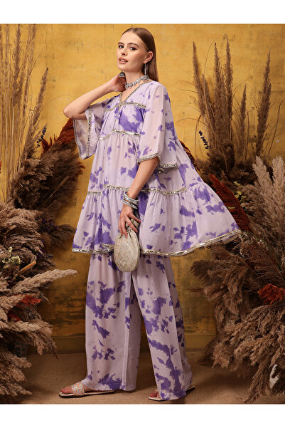 INDO STREET By Styli Printed Layered V-Neck Kurta with Sharara Set