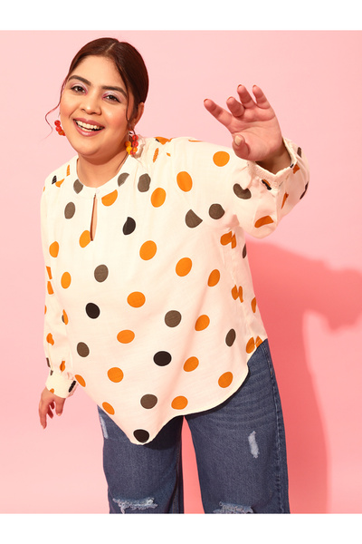 CURVY STREET By Styli Plus Size Polka Dots Print Balloon Sleeve Top