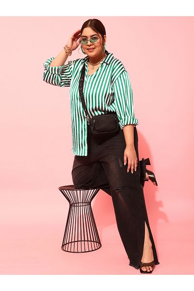 CURVY STREET By Styli Plus Size Green Striped Long Sleeve Shirt