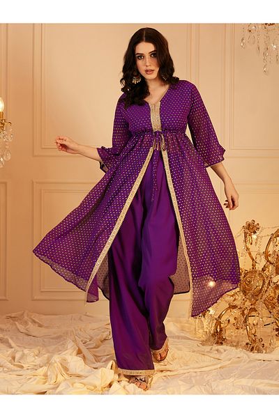 INDO STREET By Styli Purple Foil Print V Neck Tunic and Trousers Set