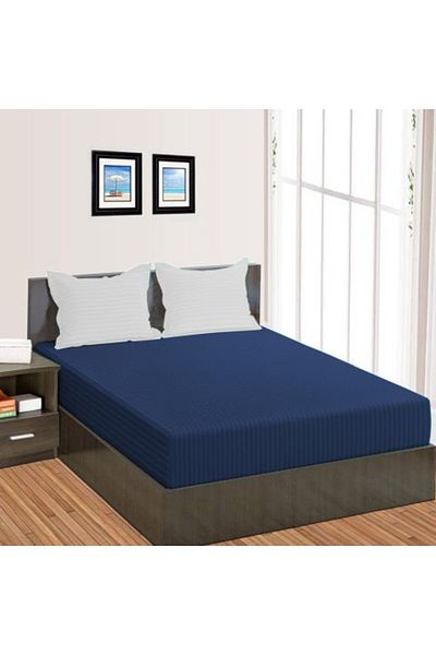 HomePuls Bed Sheet with Elastic Damask Polycotton Stripe 1 cm, 190 x 250 cm, for Mattress 140 x 200 cm, Blue