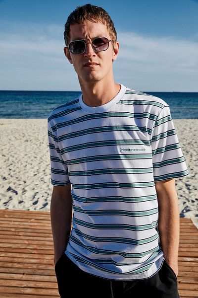 GRIMELANGE Woody Men's 100% Cotton Embroidery Detail Crew Neck Striped Regular Fit White-Green Striped T-Shirt