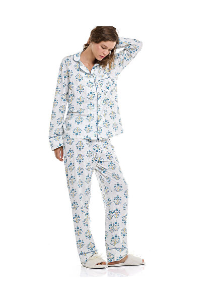 R&B طقم بيجامة نسائي مطبوع باللون الأبيض