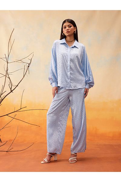 INDO STREET By Styli Blue Self Design Volume Sleeves Shirt and Trousers Co-Ords