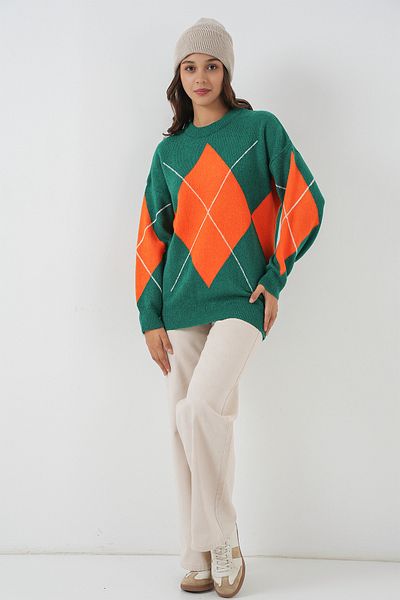 Bigdart 15895 Diamond Patterned Oversize Sweater - A. Emerald Green