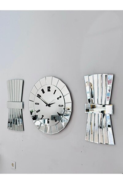 Pey Aksesuar 3 lü set aynalı duvar saati papatya model