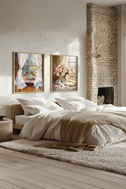 STARYUNA Ahşap çerçeveli Yağlı boya efektli kuşlu çiçekli romantik 2'li tablo seti Yuna241