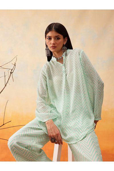 INDO STREET By Styli Green Chevron Print Longline Shirt and Trousers Co-Ords