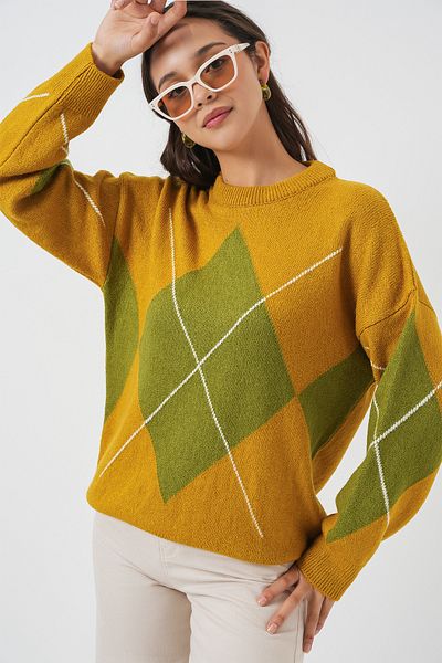 Bigdart 15895 Diamond Patterned Oversize Knitwear Sweater - Mustard
