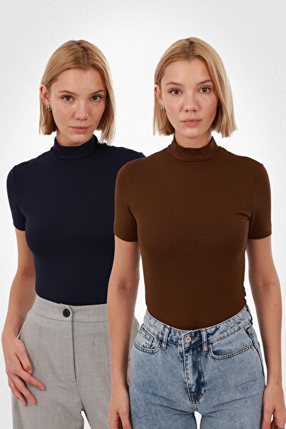 Yade Fashion Kadın Lacivert Kahverengi 2'li Kısa Kol Bluz Set