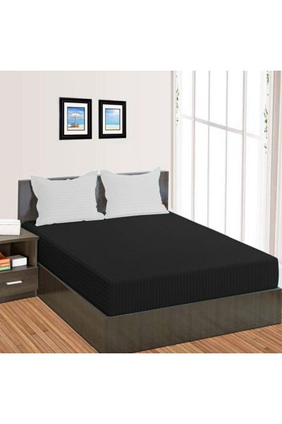 HomePuls Bed Sheet with Elastic Damask Polycotton Stripe 1 cm, 190 x 250 cm for Mattress 140 x 200 cm, Black