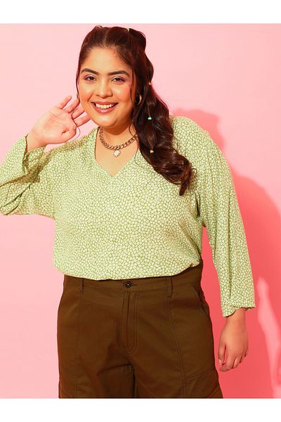 CURVY STREET By Styli Plus Green V Neck Top with Floral Print