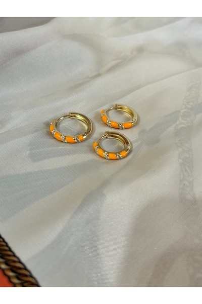 tetra takı Turuncu Mine Taş Detaylı Altın Kaplama Halka Küpe