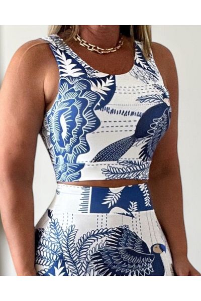 JANES Women's Zero Sleeve Round Neck Floral Patterned Single Jersey Crop and Slit Skirt Double Suit