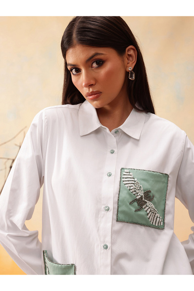 INDO STREET By Styli Embellished Pure Cotton Shirt with Trousers Set