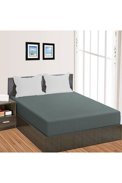 HomePuls Bed Sheet with Elastic Damasc Polycotton Stripe 1 cm, 190 x 250 cm for 140 x 200 cm Mattress, Dark G