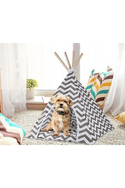 SERSIMO Indoor tent for puppies, cats and rabbits, gray with white, 50x40x60cm