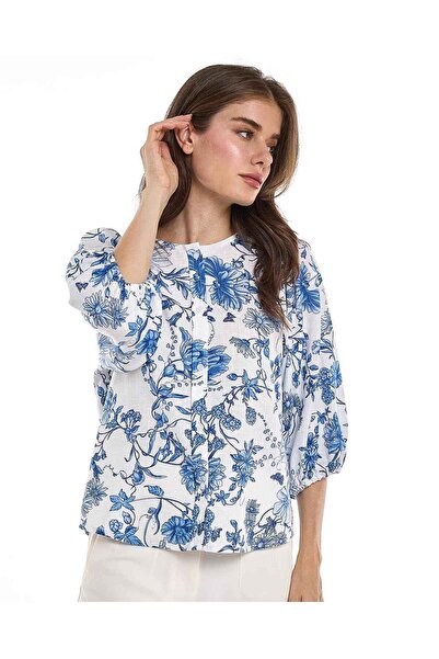 R&B Floral Patterned Top with Crew Neck and 3/4 Sleeves