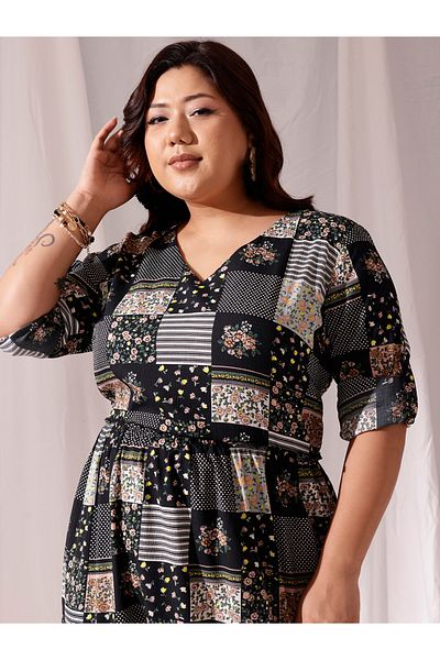 CURVY STREET By Styli Plus Black Tiered Maxi Dress with Patchwork Print