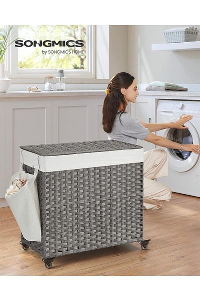 SONGMICS Hand-woven laundry basket, removable washable lining, 140 liters, 66x33x60 cm, gray