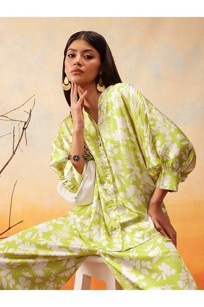 INDO STREET By Styli Floral Printed Balloon Sleeve Shirt with Trousers Set