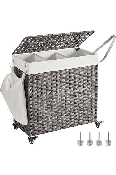 SONGMICS Hand-woven laundry basket, removable washable lining, 140 liters, 66x33x60 cm, gray