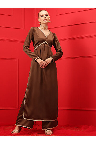 INDO STREET By Styli Solid V-Neck Satin Straight Kurta with Palazzo Set