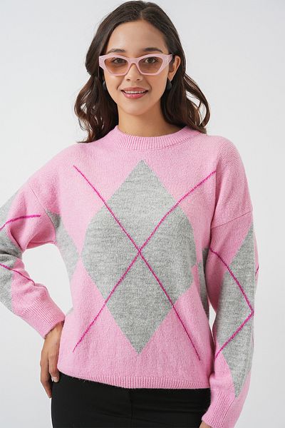 Bigdart 15895 Diamond Patterned Oversize Knitwear Sweater - Y.Pink