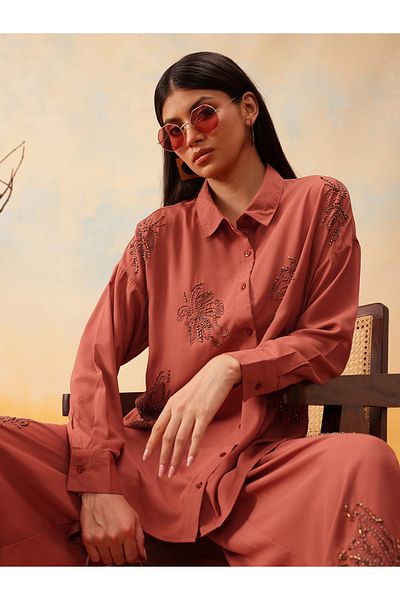 INDO STREET By Styli Embellished Long Sleeve Shirt with Trousers Set
