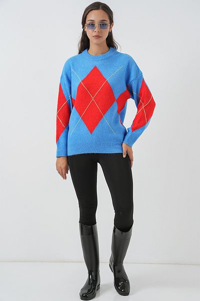 Bigdart 15895 Diamond Patterned Oversize Knitwear Sweater - B.Blue