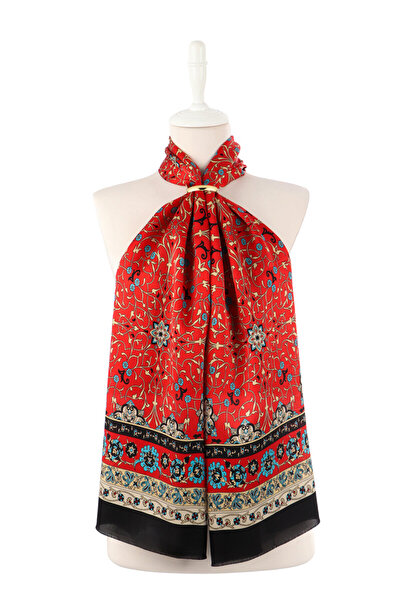Bursa İpek Red Ivy Pattern Narrow Silk Scarf