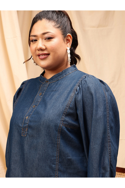 CURVY STREET By Styli Plus Size Mandarin Collar Cotton Denim Top