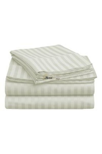 HomePuls Fitted Bed Sheet Damask 100% Cotton Stripe 1 cm, 130 x 250 cm for Mattress 80 x 200 cm, Light Cream