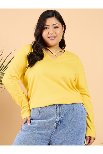 CURVY STREET By Styli Plus Size V-Neck Cotton Relaxed Fit T-Shirt