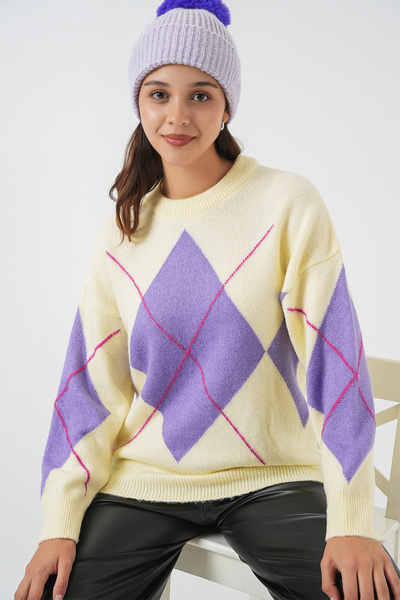 Bigdart 15895 Diamond Patterned Oversize Knitwear Sweater - Yellow