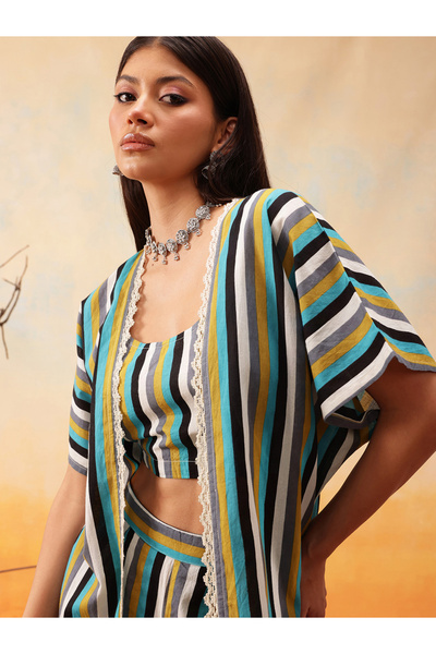 INDO STREET By Styli Striped Cotton Crop Top with Trousers and Shrug Co-Ords