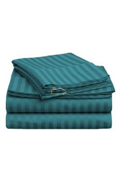 HomePuls Fitted Bed Sheet Damask Cotton 100% with 1 cm Stripe, 130 x 250 cm for Mattress 80 x 200 cm, Turquoi