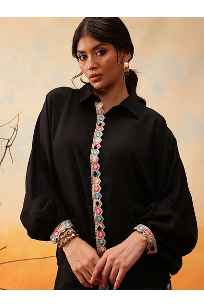 INDO STREET By Styli Black Mirror Work Mandarin Collar Shirt and Trousers Co-Ords