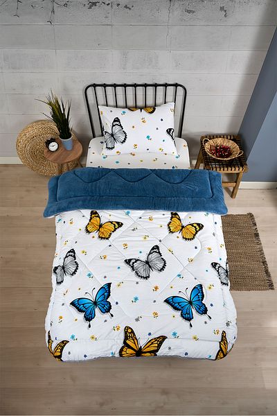 Sudemhome Cuvertură de lux Welsoft Elite, cu două fețe, pentru o singură persoană, cuvertură moale din lână, husă de pernă Butterfly Indigo