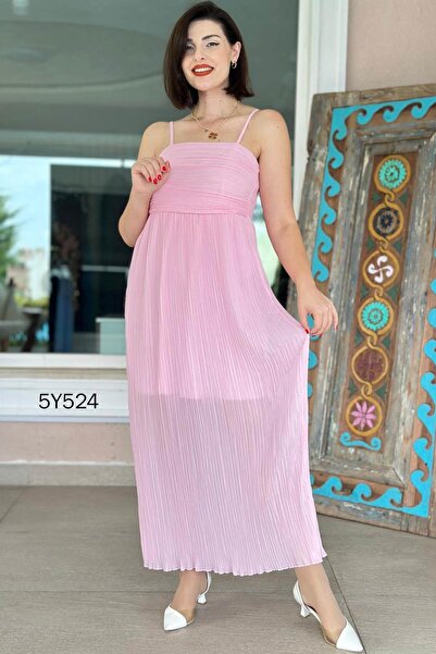 İnce Topuk Plaid Chiffon Dress with Rope Strap 5Y524