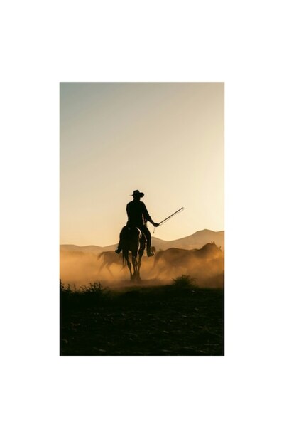 OEM Tablou Canvas, 'Cowboy in lumina apusului desertic', Calaret, Silueta, Apus, Praf, Cal, Peisaj, West