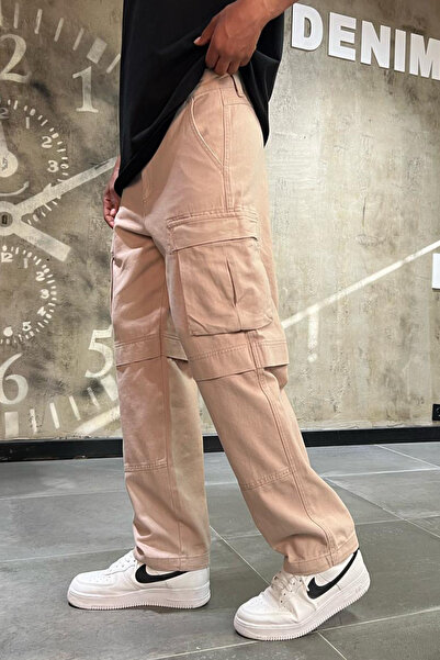 Denim Republic Men's Camel Baggy Cargo Pants Wide Leg