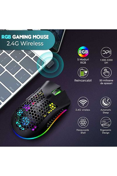 Timebox Wireless Gaming Mouse, 95g, FastCharge, USB, 2.4GHz, RGB, 2 Programmable Buttons, Black