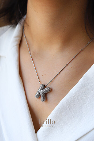 Brillo Steel Zircon Stone Letter Balloon Necklace-Silver Color