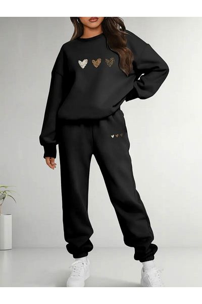 FUFLUNS 3-Piece Heart Printed Unisex Oversize Circle Neck Bottom/Upper Tracksuit Set