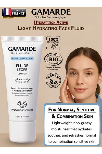 Gamarde Light Hydrating Face Fluid with Hyaluronic Acid & Argan Oil Non-Greasy Vegan Moisturizer 40ml