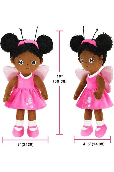 Justqunseen Afro plush doll with pink dress and backpack, fairy, 30 cm, 2 years+,