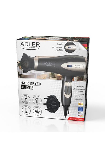 adler Uscător de păr AD2248gc, gri, difuzor, concentrator, 2200W, ionizare, 2 viteze, 3 temperaturi