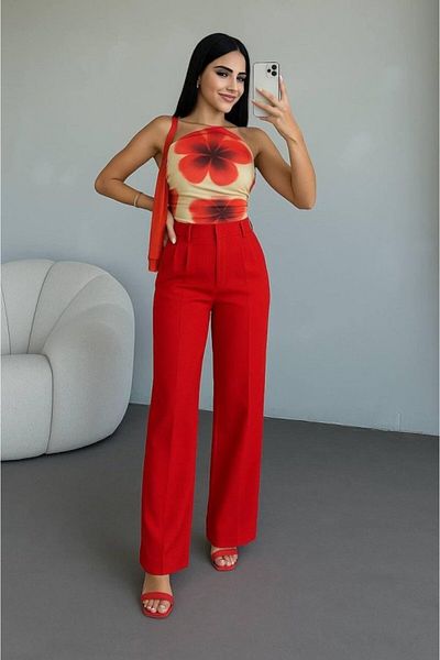 Viyamo Women's High Waist Pleat Detail Wide Leg Trousers